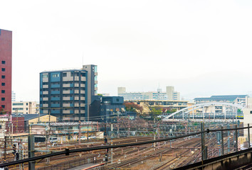 Fototapeta premium View of the railway station in Kyoto, Japan. Copy space for text.