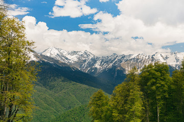 Fototapeta na wymiar Amazing views in the Caucasus mountains. Snow-capped peaks, blue sky, sunny day