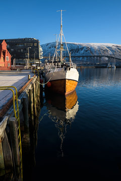 Nice sailing ship in the harbor of Tromsø on a sunny morning, Tromsø, Norway