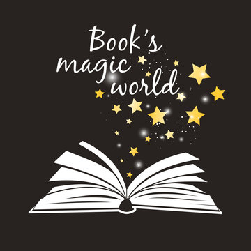 Books Magic World Poster. Open Book With White Pages And Golden Magical Asterisks Vector