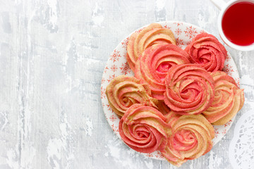 Homemade marshmallow, pink yellow swirl meringue cookies