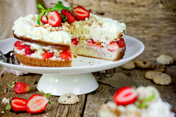Fresh strawberry whipped cream biscuit layered cake