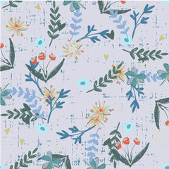 Trendy Floral pattern in the many kind of flowers botanical Motifs scattered random. Seamless vector texture. For fashion prints. Printing with in hand drawn style grunge grey background.