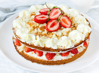 Strawberry whipped cream cake - classic victoria sandwich sponge cake