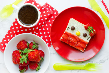 Animal sandwich, cat face sweet sandwich with strawberries for kids