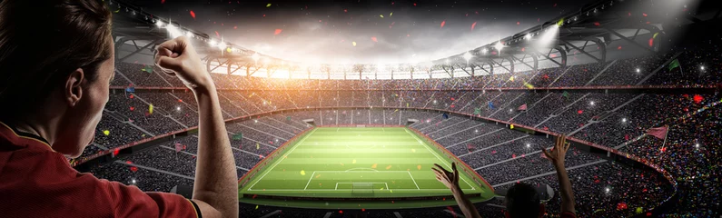 Foto op Plexiglas Voetbal voetbalfans en 3D-rendering denkbeeldig stadion
