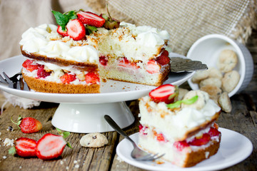Fresh strawberry whipped cream biscuit layered cake