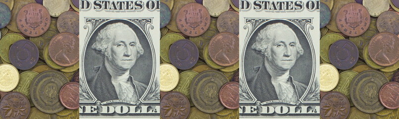 Worlds coins texture and part of USA dollar banknotes. Background for business and finance