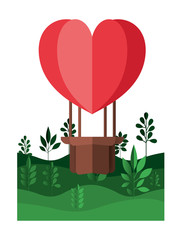 landscape with balloons air hot heart shape flying vector illustration design