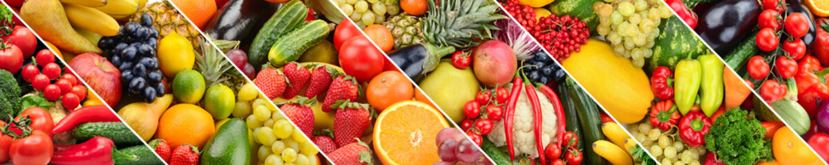 Fruits and vegetables in frame oblique strips.