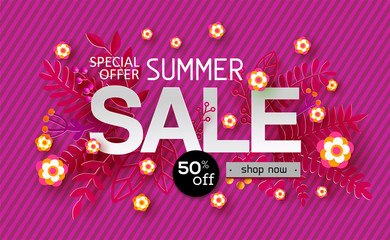 Fototapeta premium Summer sale banner with paper art cut out leaves background, floral design for banner, flyer, invitation, poster, web site or greeting card. Paper cut style, vector illustration. Pink colors