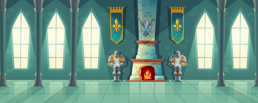 Vector castle hall, interior of royal ballroom with fireplace, knight armor, flags for dancing. Big room with columns, pillars in luxury medieval palace. Fantasy, fairy tale or game background