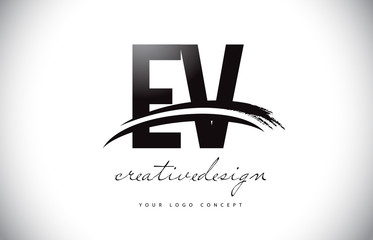 EV E V Letter Logo Design with Swoosh and Black Brush Stroke.