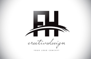 FH F H Letter Logo Design with Swoosh and Black Brush Stroke.