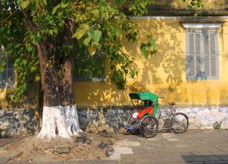Tricycle parking under a big bodhi tree with interesting shadows on the yellow wall