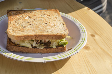 sandwich lying on a wooden table on a plate