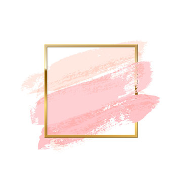 Pastel pink brush strokes with square golden frame isolated on white background. Vector design element.