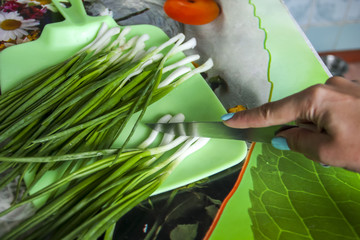 A man is cutting a green onion on a cutting board on a kitchen table