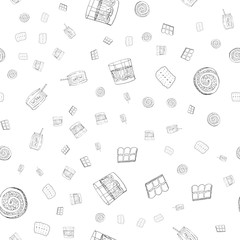 Seamless pattern with tasty food in hand drawn style