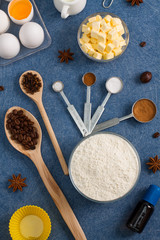 Fototapeta na wymiar Baking composition eggs flour butter spices kitchen tools