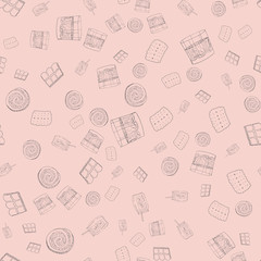 Seamless pattern with tasty food in hand drawn style