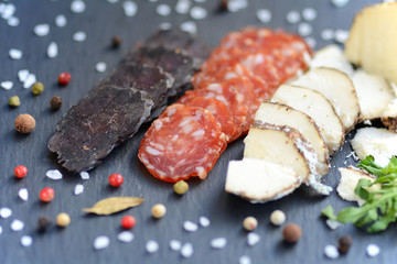 Sliced sausage with cheese and spised on a slate desck background