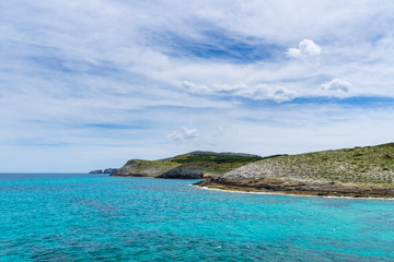 Mallorca, Rocky cliff line and blue sea of bay Cala Mitjana nature landscape