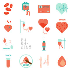 Donor blood icons set in flat style.