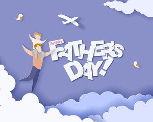 Handsome man with his son. Happy fathers day card. Paper cut style. Vector illustration
