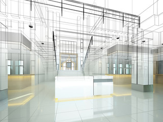 sketch design of interior hall, 3d rendering