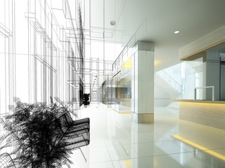 sketch design of interior hall, 3d rendering