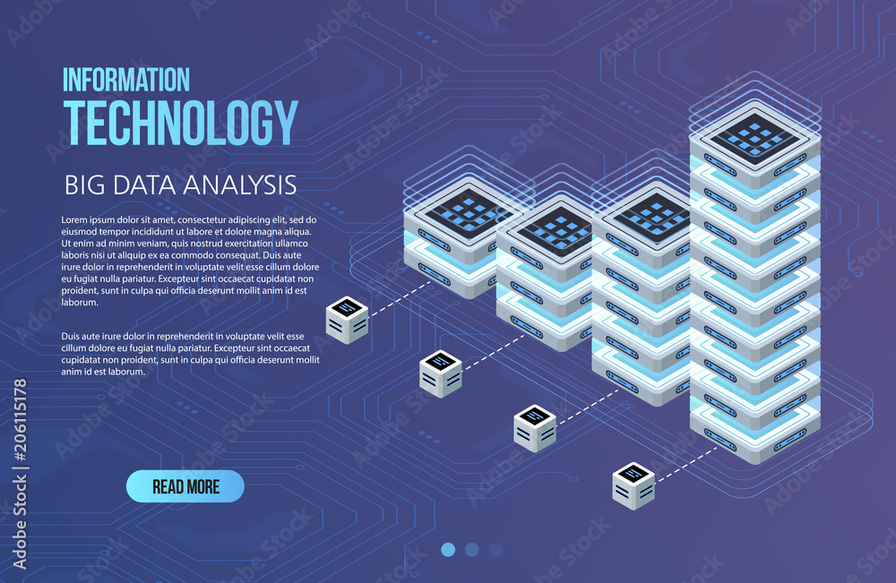 Poster concept of big data processing, isometric data center, vector information processing and storage. cr