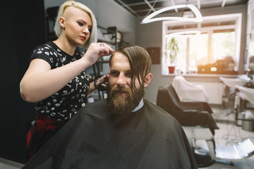 Stylish hairdresser cutting hair of client at barber shop. Beard man getting haircut at salon.