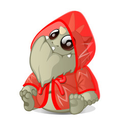 A small horned fantasy monster in red transparent dress. Vector illustration.