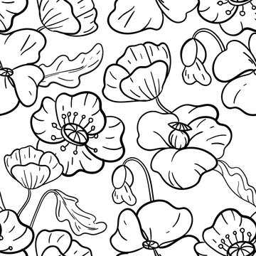 Wild poppy, flowers and leaves. Seamless pattern. Black and white. Vector. Textiles, fabric, printing.