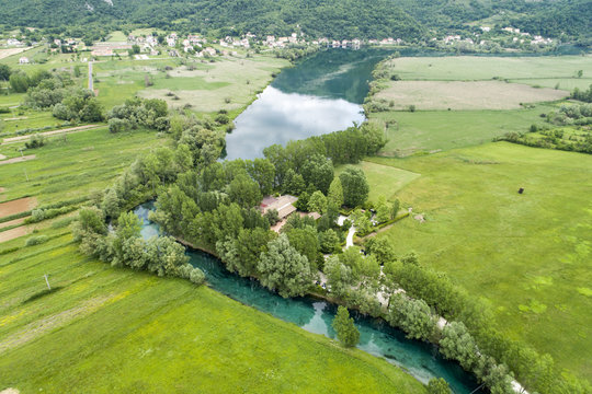 Aerial view of the beautiful Lake of Posta fibreno in Frosinone
