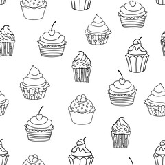Sweet pattern. Doodle seamless pattern with cupcakes on white background. Vector illustartion
