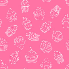 Cupcakes seamless pattern on pink background. Sweet pattern. Vector illustration
