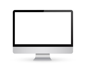 Creative vector illustration of render monitor mock up with blank screen isolated on the background. Computer display, mouse, keyboard. Art design. 3D Front view. Abstract concept graphic element