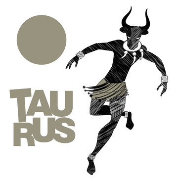 Tribal zodiac. Taurus. Man with bull head, fangs necklace and bracelets on his ankles, dancing a tribal dance