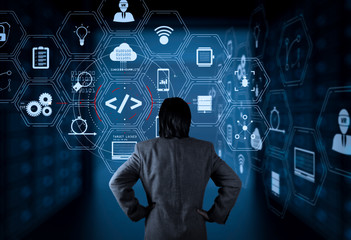 Coding software developer work with augmented reality dashboard computer icons of scrum agile...