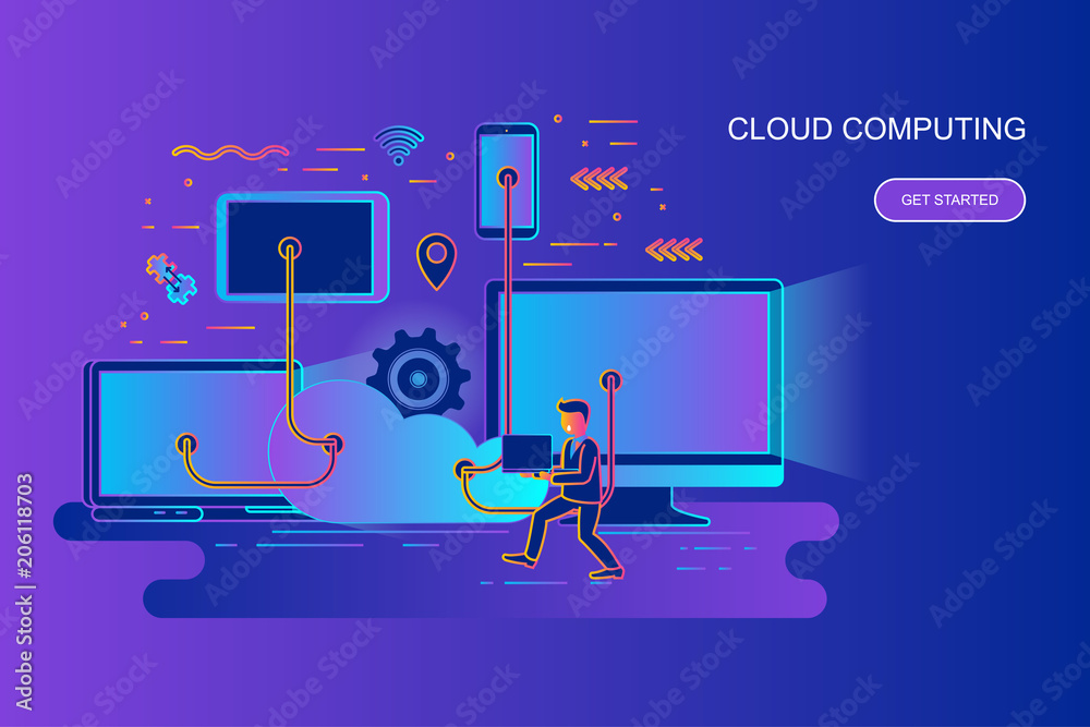 Poster Modern gradient flat line concept web banner of cloud computing with decorated small people character. Landing page template.