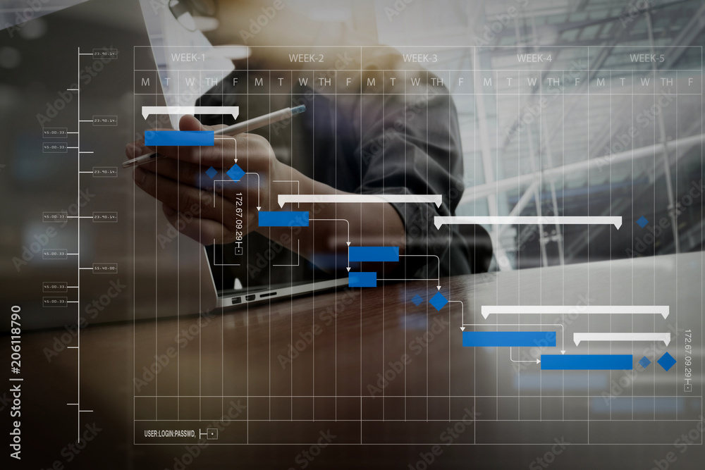 Poster business moment with laptop computer and graph business diagram and man working in the background