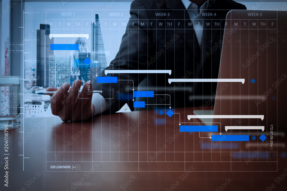 Poster business documents on office table with smart phone and digital tablet and graph business diagram an