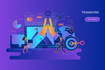 Modern gradient flat line concept web banner of teamwork and business with decorated small people character. Landing page template.