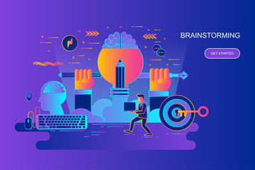 Modern gradient flat line concept web banner of brainstorming with decorated small people character. Landing page template.