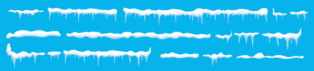 Creative vector illustration of ice icicle, caps, snowflakes set isolated on background. Winter snow clouds template art design. Snowy frame decoration. Graphic element. New year. Merry cristmas