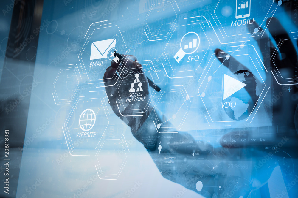 Aufkleber businessman working with modern technology and digital layer effect as business strategy concept