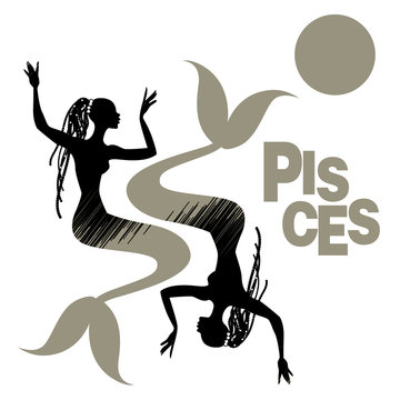 Tribal zodiac. Pisces. Two mermaids or women with fish tail, long dreadlocks decorated with pearls