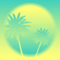 Fototapeta na wymiar Summer background. Soft colors blue yellow sky, palm trees. Summer exotic beach with palm trees. Palm, sun, beach, sunrise, sunset. Summer concept. Template for posters, flyers, postcards Vector AI10